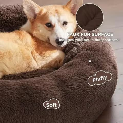 Round Dog Bed Winter Warm Cat Bed Plush Basket for Dog Washabl...